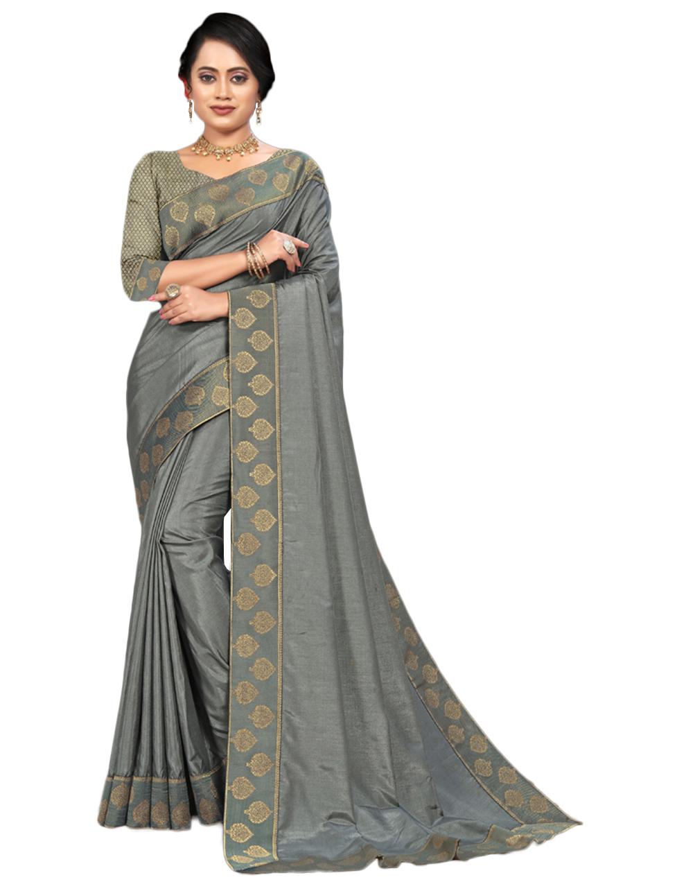 Grey Vichitra silk Saree With Blouse IW24560