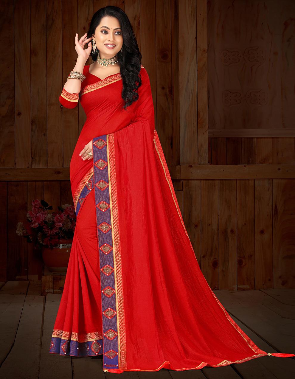 Red Vichitra silk Saree With Blouse IW24824
