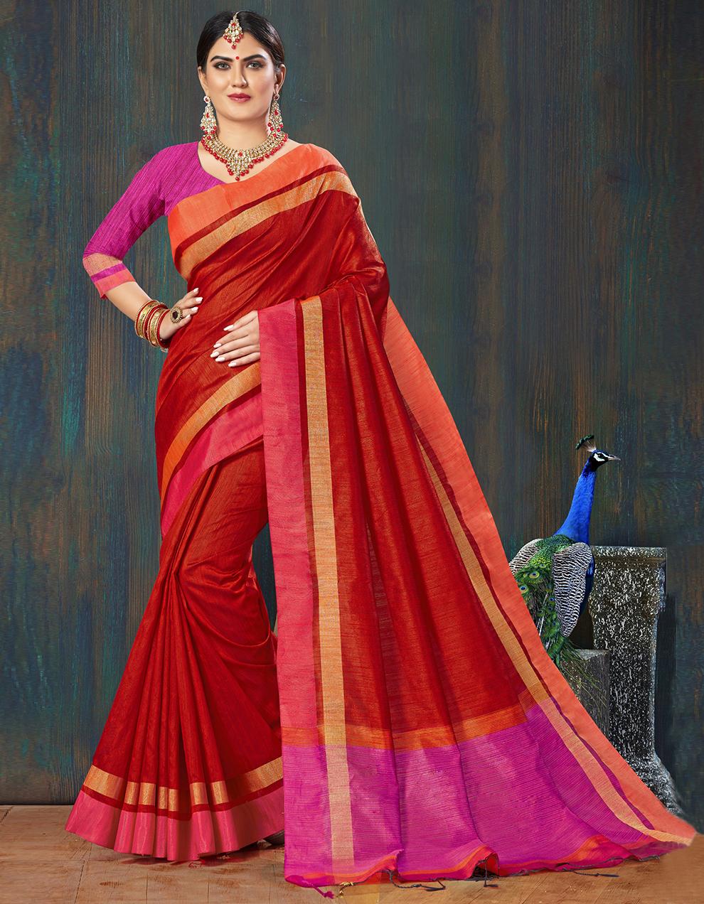 Red Cotton Saree With Blouse IW25028