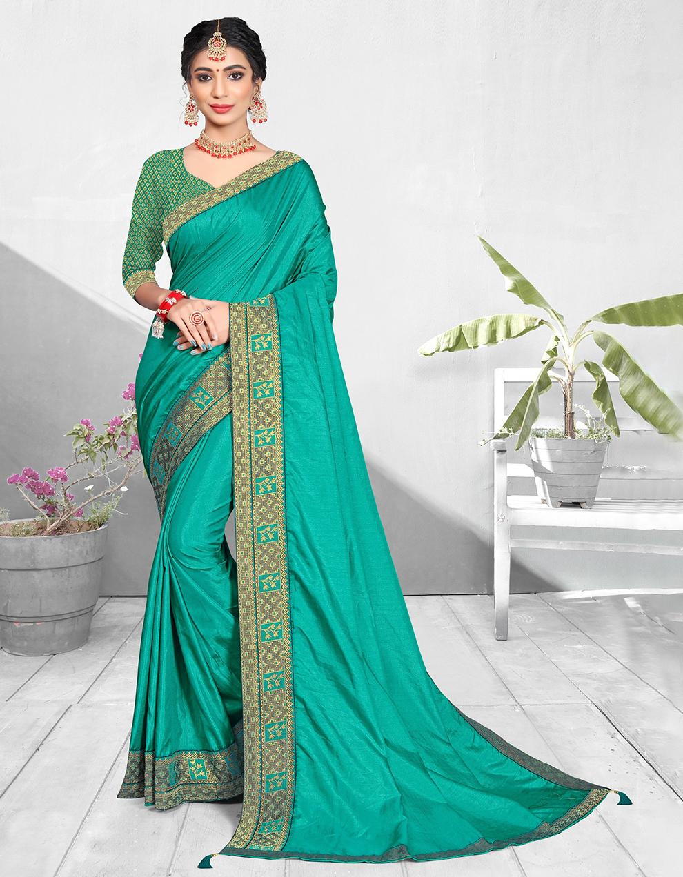 Turquoise Green Vichitra silk Saree With Blouse IW24805