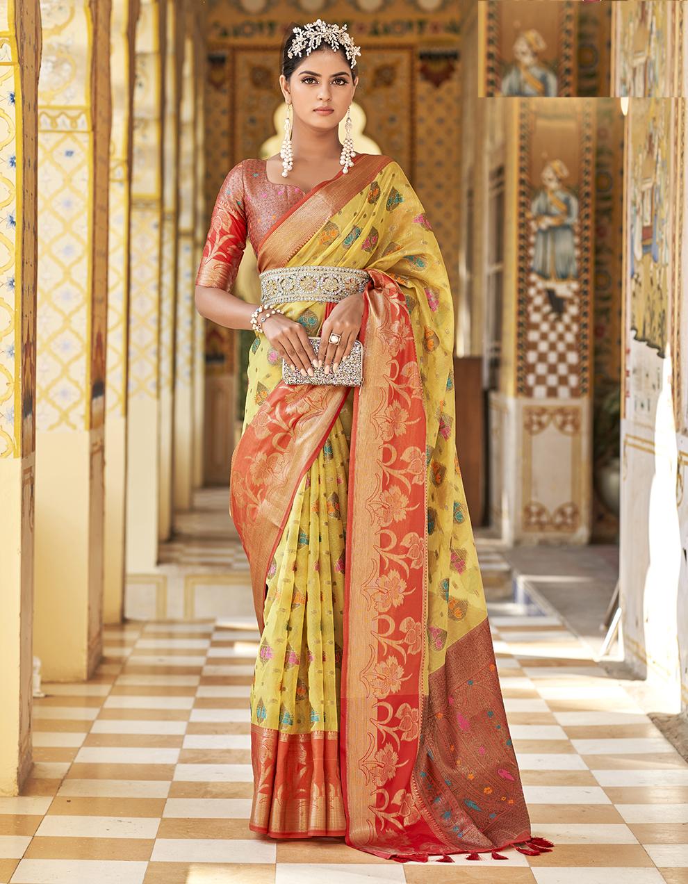 Yellow Tissue Silk Saree for Women With Blouse SD27566