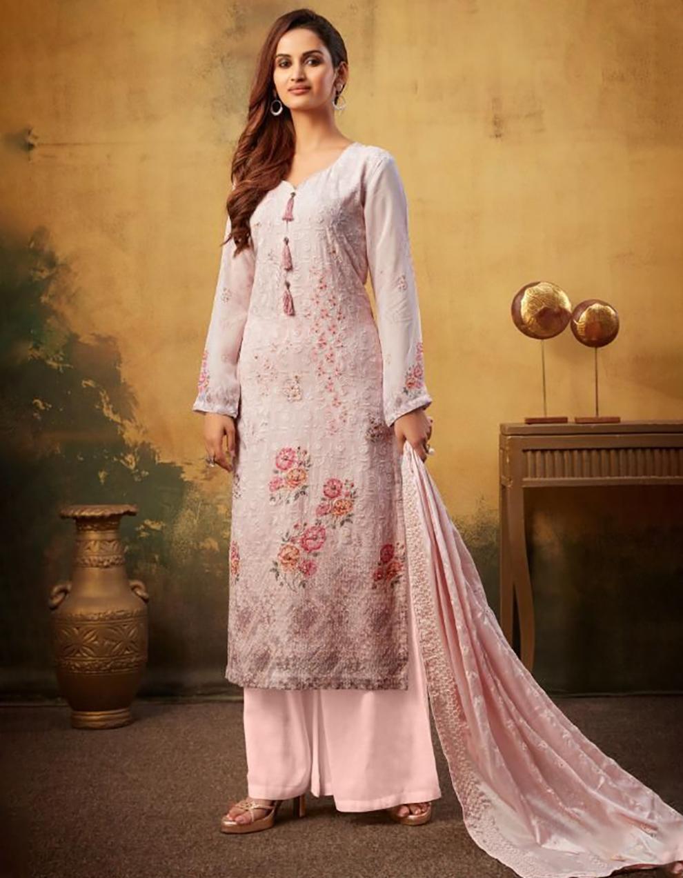Baby Pink Pure Viscose Bemberg Georgette Palazzo Suit with Dupatta SHL8739