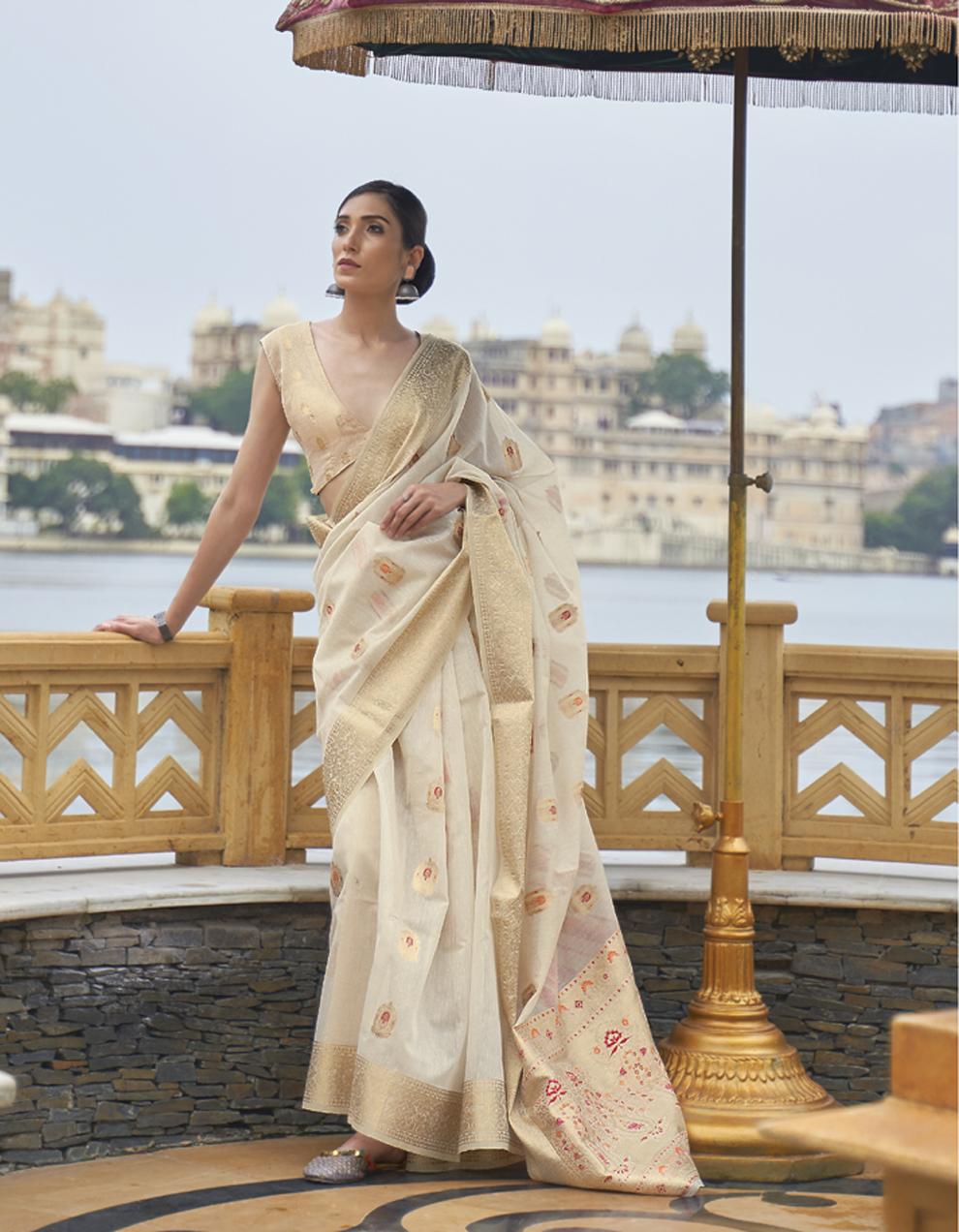 White  PURE LINEN Saree for Women With Blouse SD28059