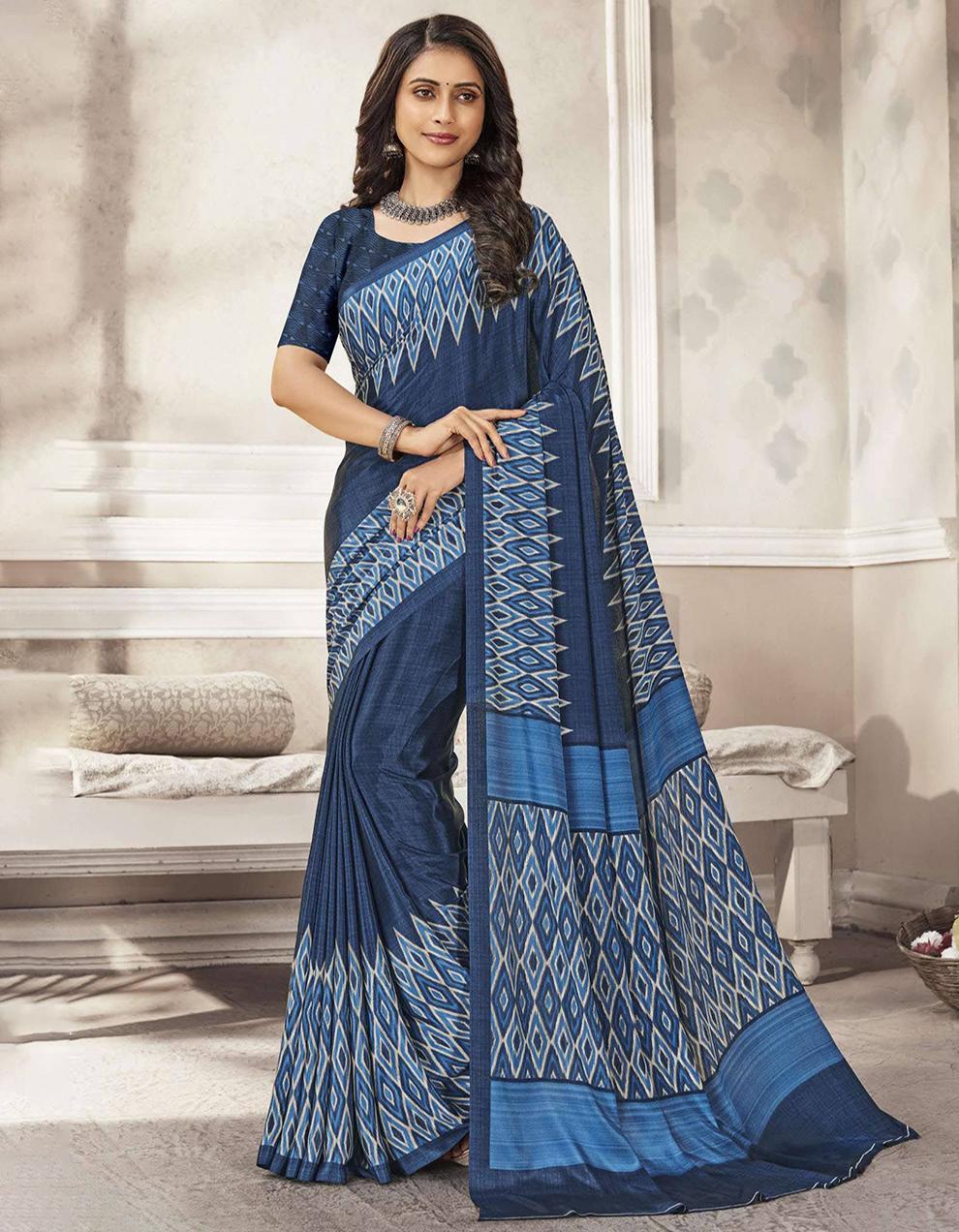Blue Crepe Saree With Blouse MK25948