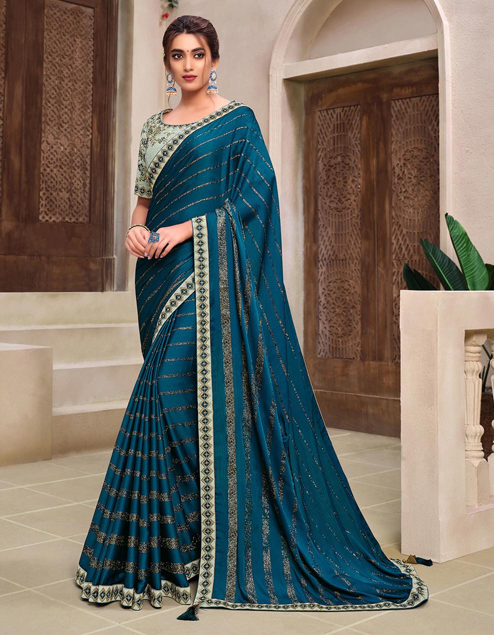Teal Chiffon Saree With Blouse MH24015