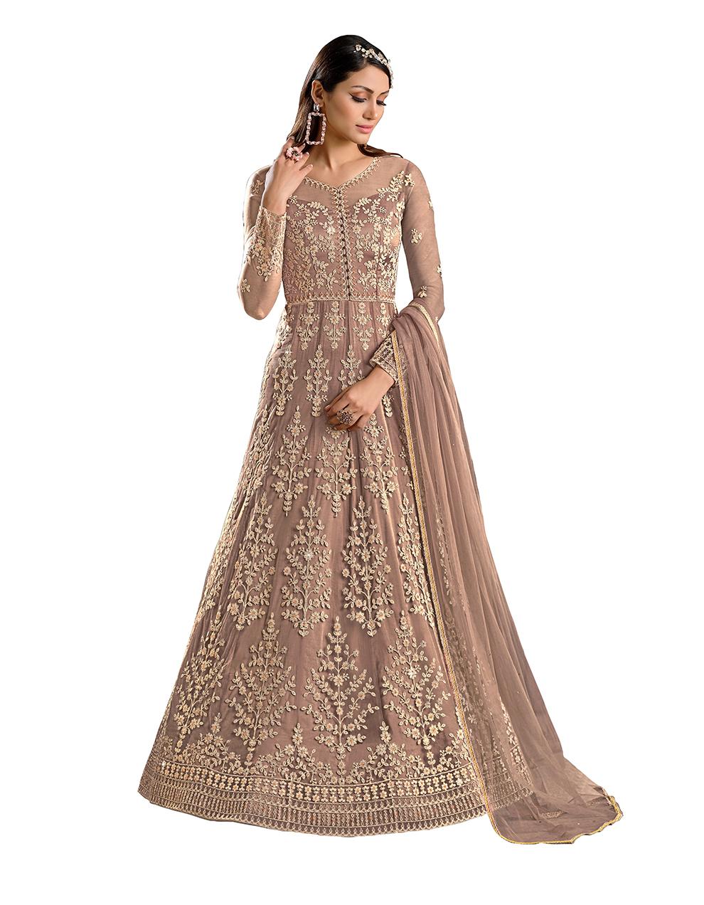 Light Brown Net Anarkali Suit with Heavy Embroidery Work SAF8650