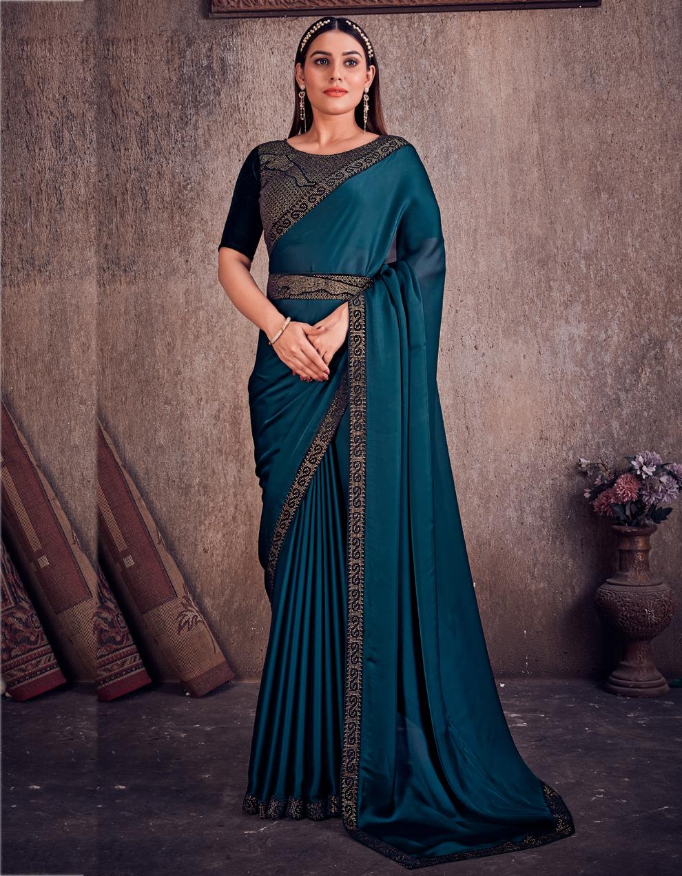 Blue Satin Silk And Georgette Saree for Women With Blouse SD27725