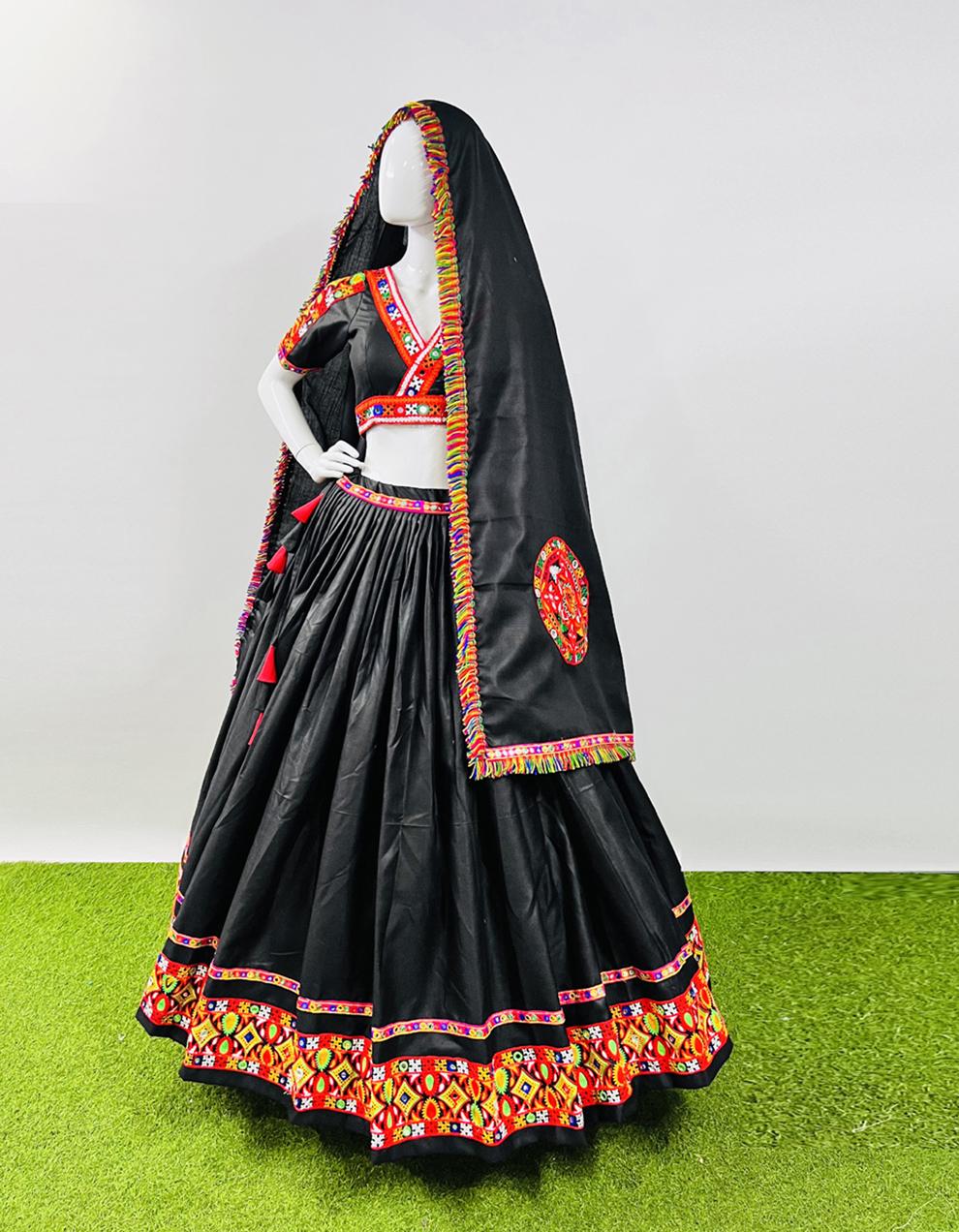 Cotton Silk BLACK Semi-stitched Navratri Lehenga with Choli And Dupatta LAW2930