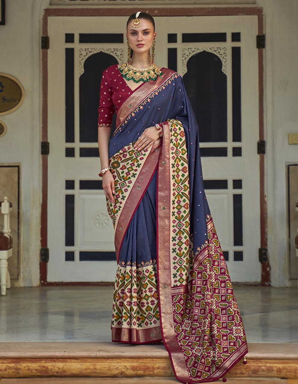 Navy Blue Silk Patola Saree for Women With Blouse SD27790