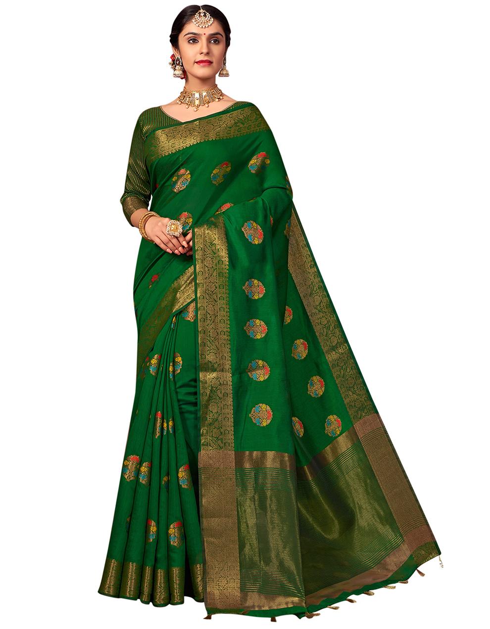 Parrot green Chanderi Cotton Saree With Blouse MK25602