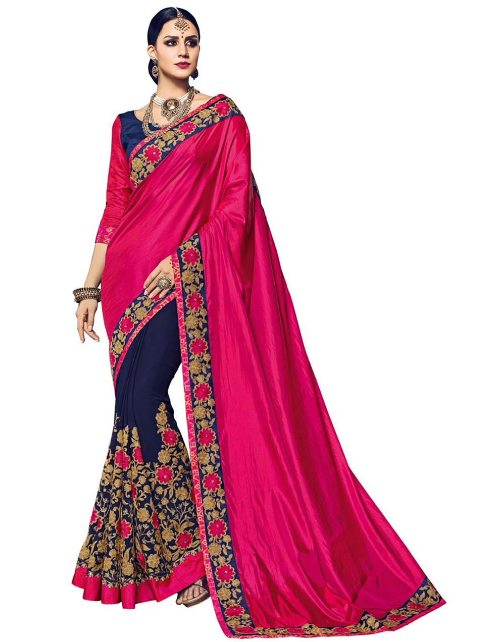 Magenta And Violet Paper Silk And Georgette Half and Half Saree With Blouse IW16977