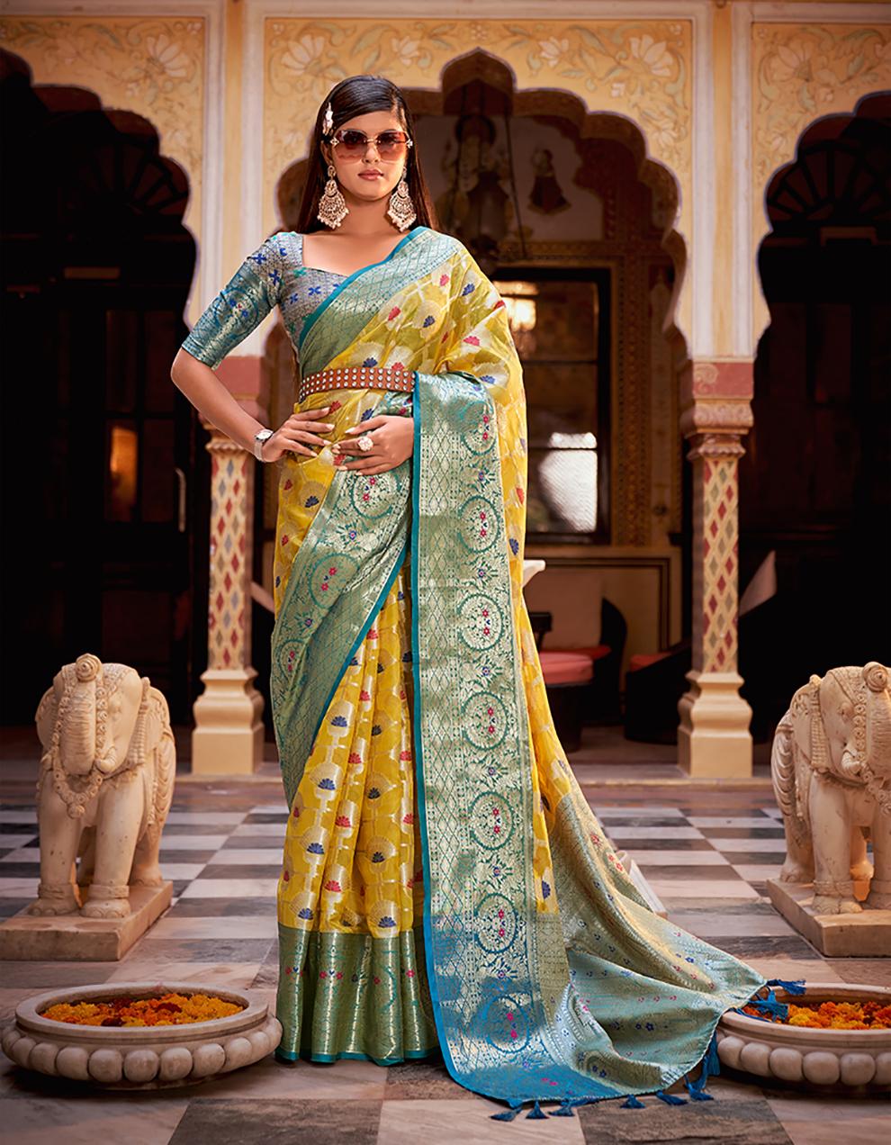 Yellow Tissue Silk Saree for Women With Blouse SD27546
