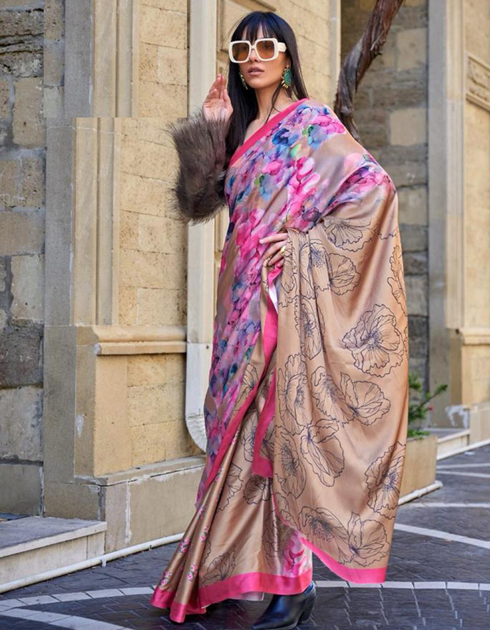 pink Satin Crepe Saree for Women With Blouse SD28858