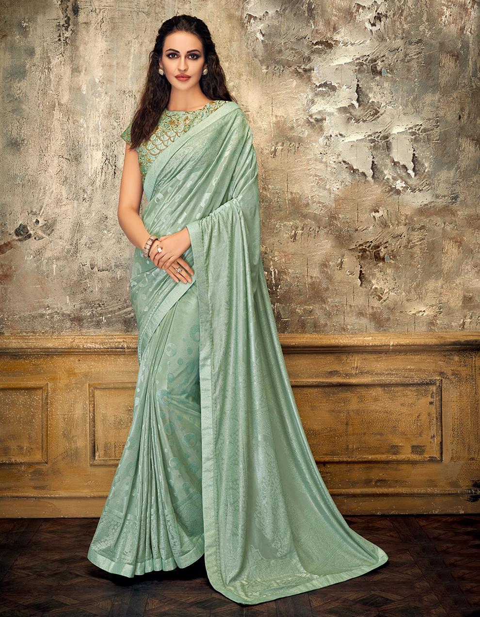 Aqua Blue Embossed lycra Saree With Blouse MH21183