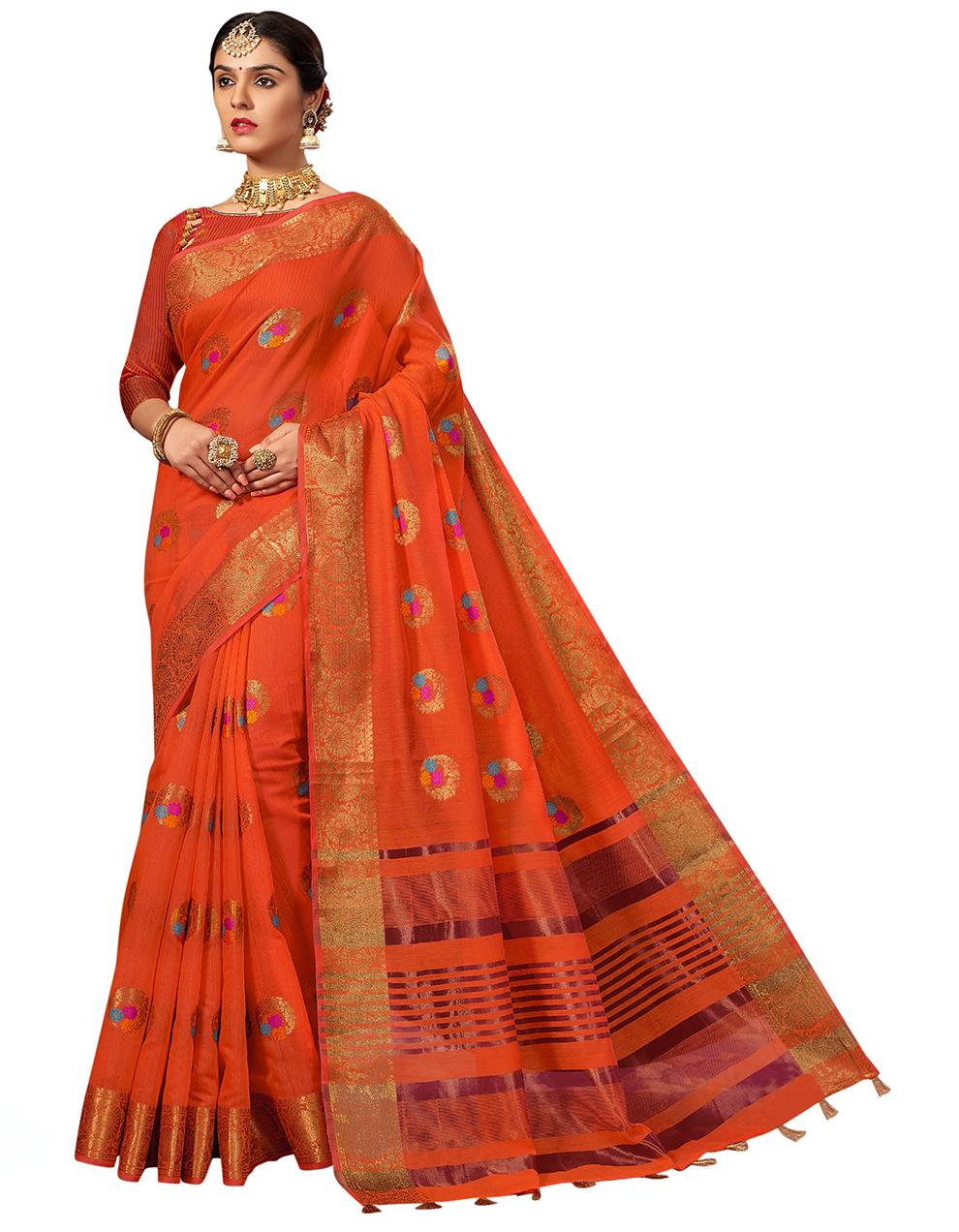 Orange Chanderi Cotton Saree With Blouse MK25595