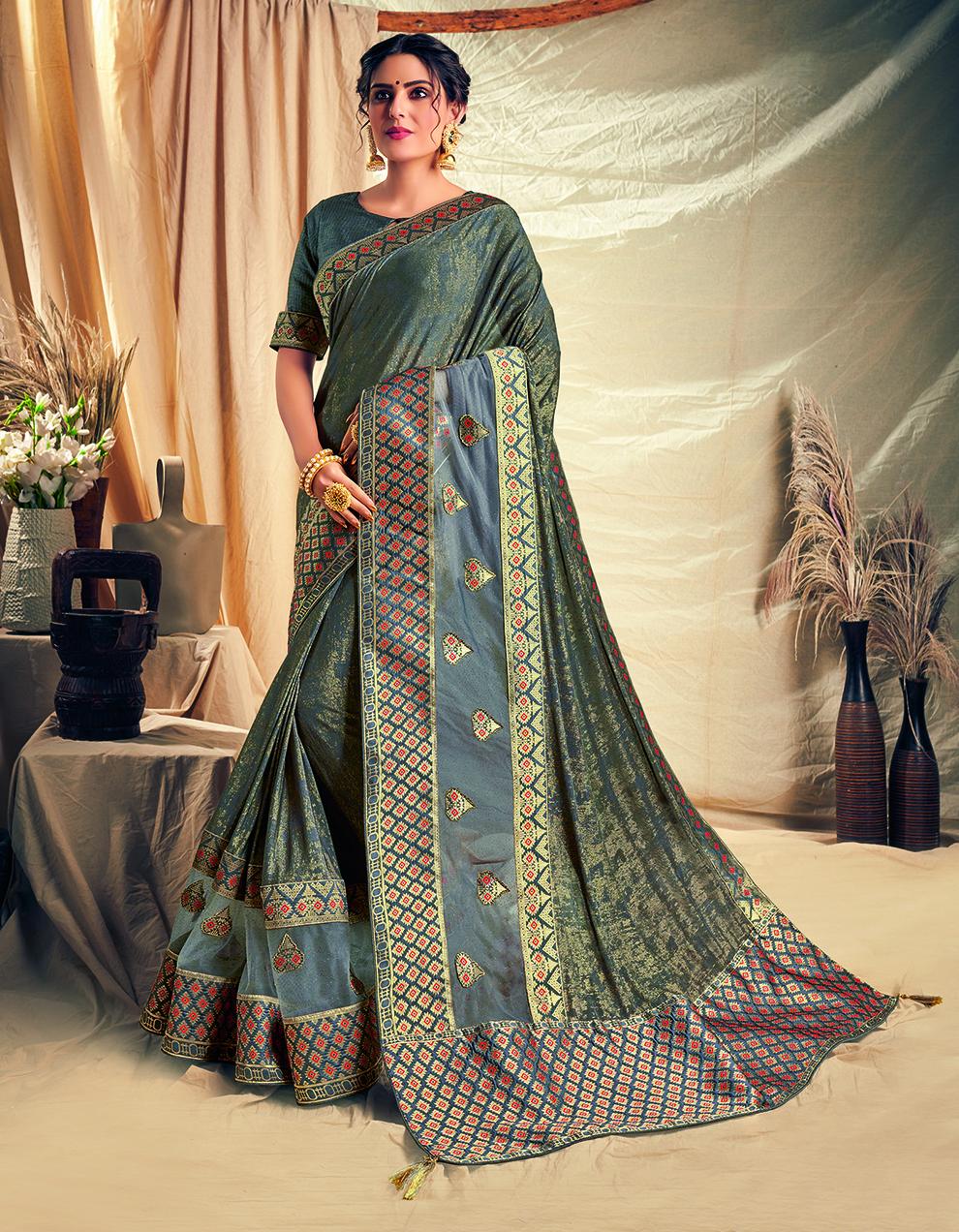 Grey Silk And Net Saree With Blouse MH21215