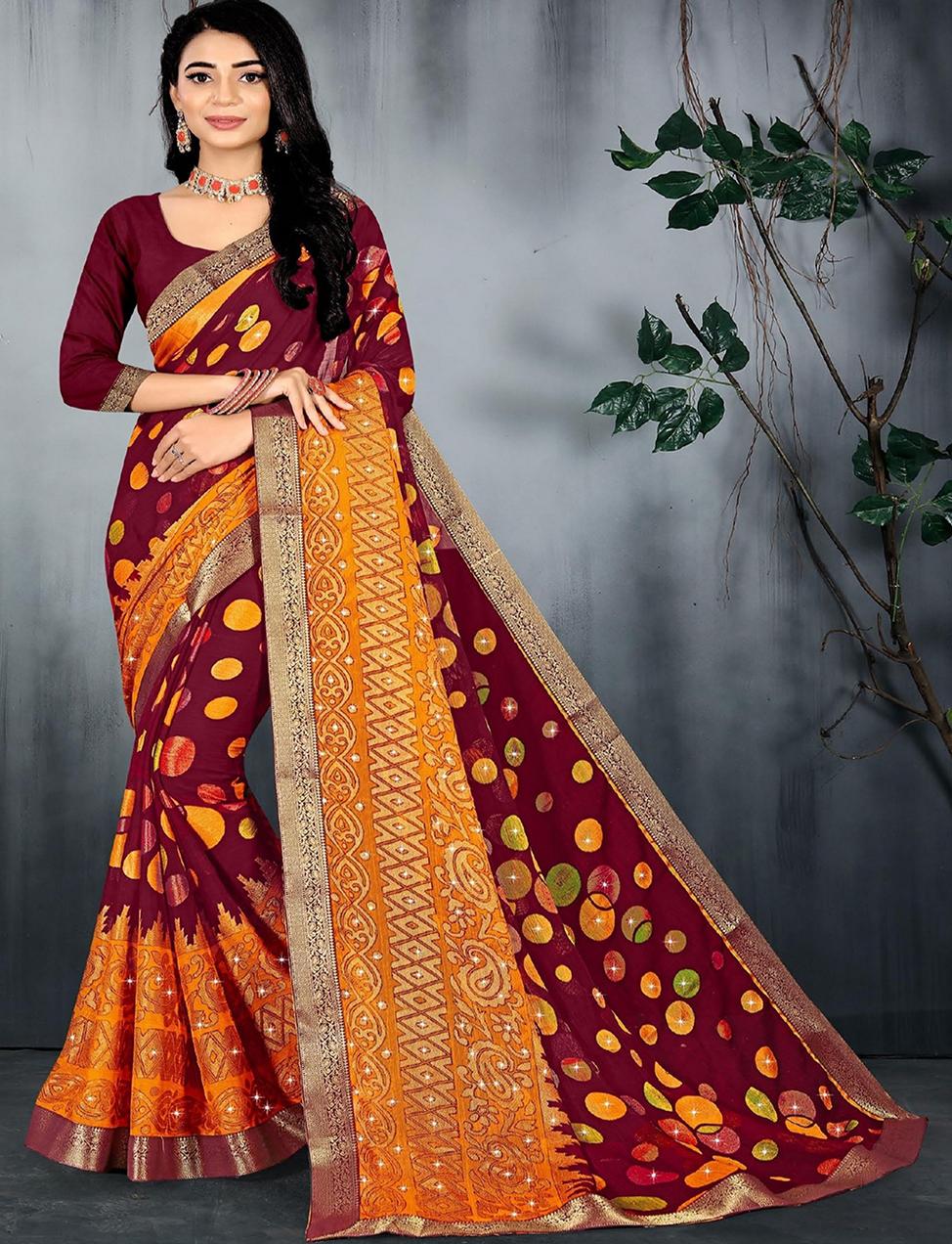 Yellow and Maroon Brasso Saree With Blouse IW24904