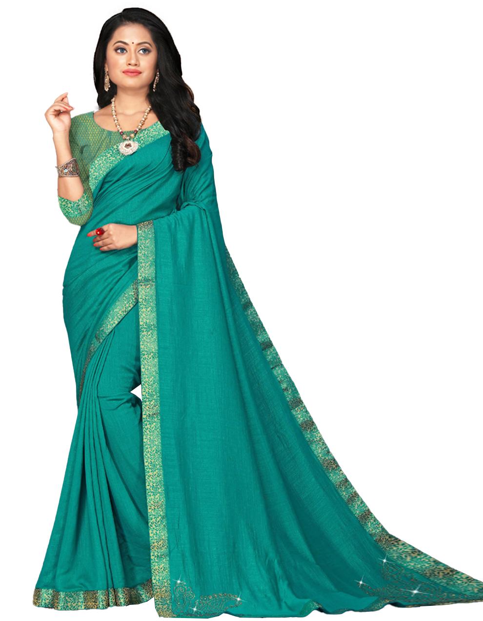 Turquoise Green Vichitra silk Saree With Blouse IW24327