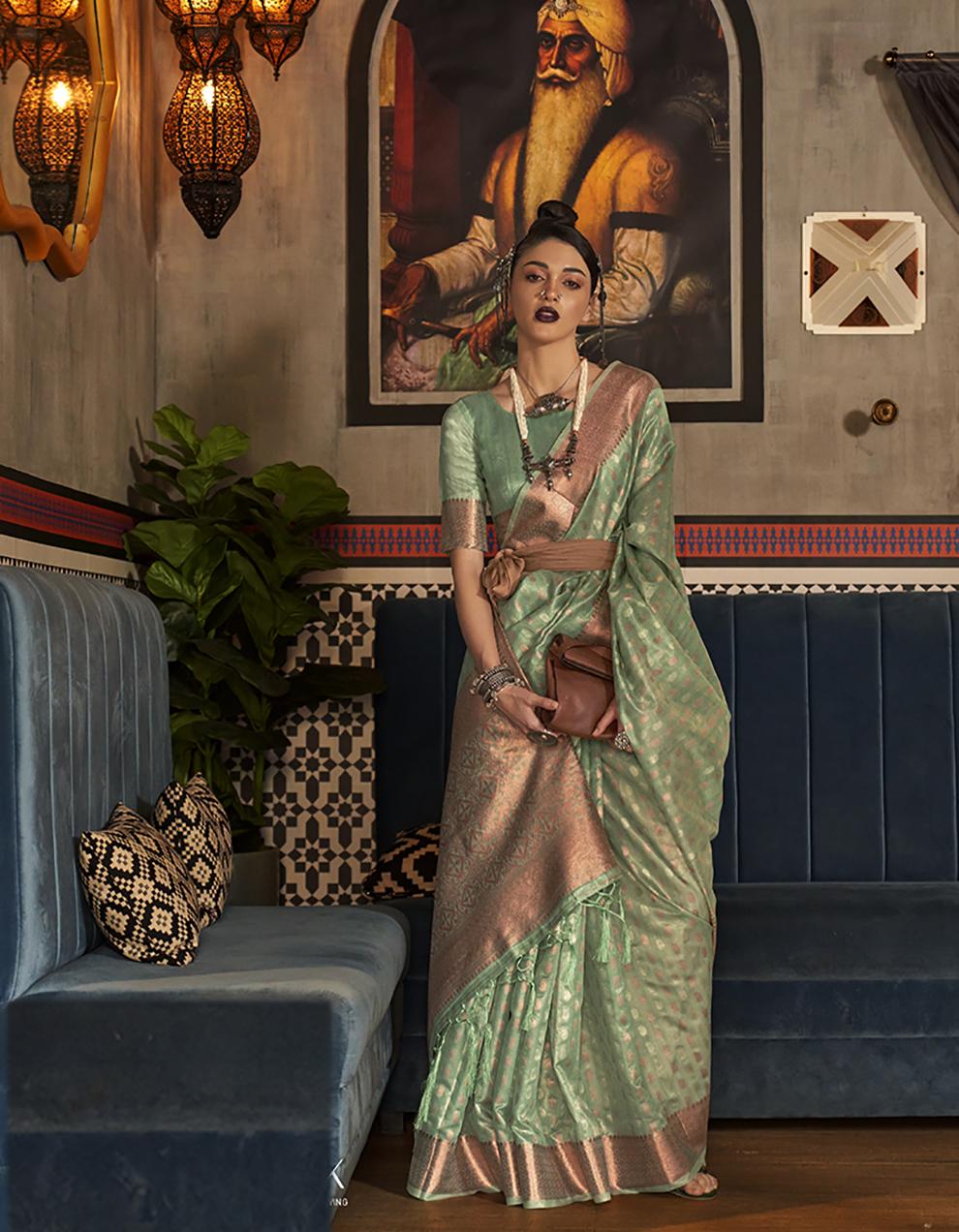 Green Tissue Saree for Women With Blouse SD27518