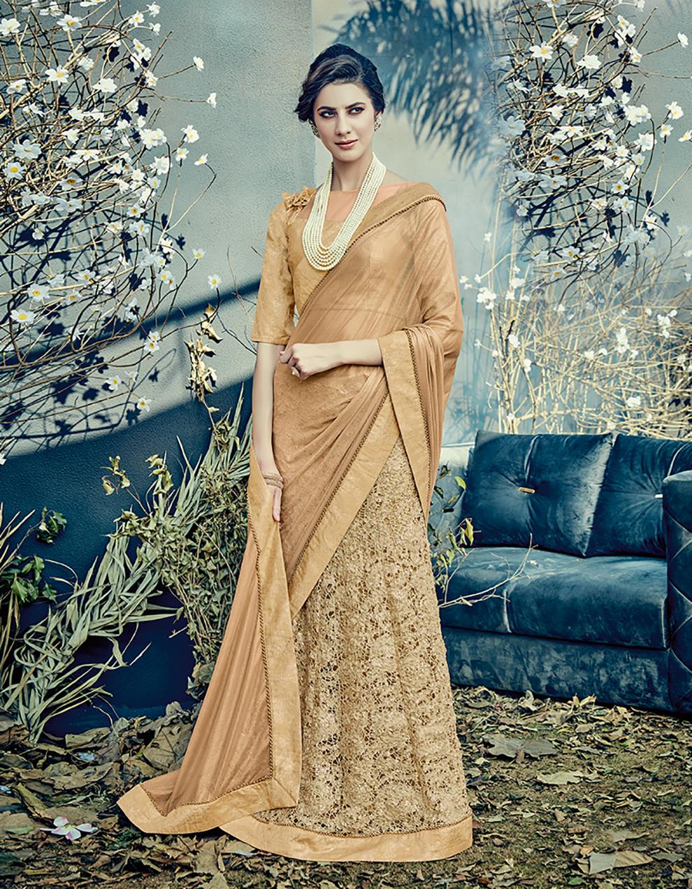Beige Fancy Net And Lycra Lehenga Saree With Blouse MH17866