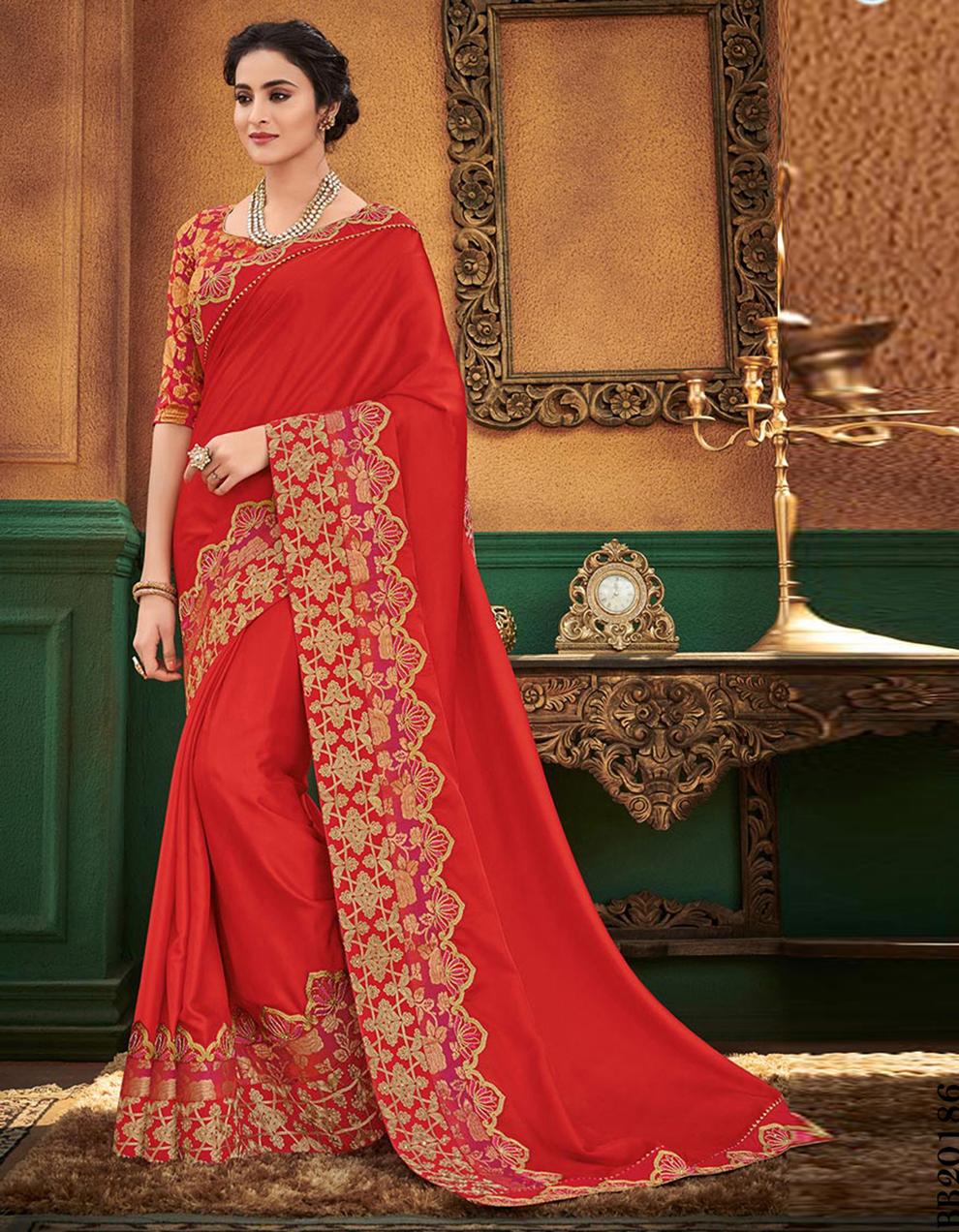 Red Satin Silk Saree With Blouse IW20186