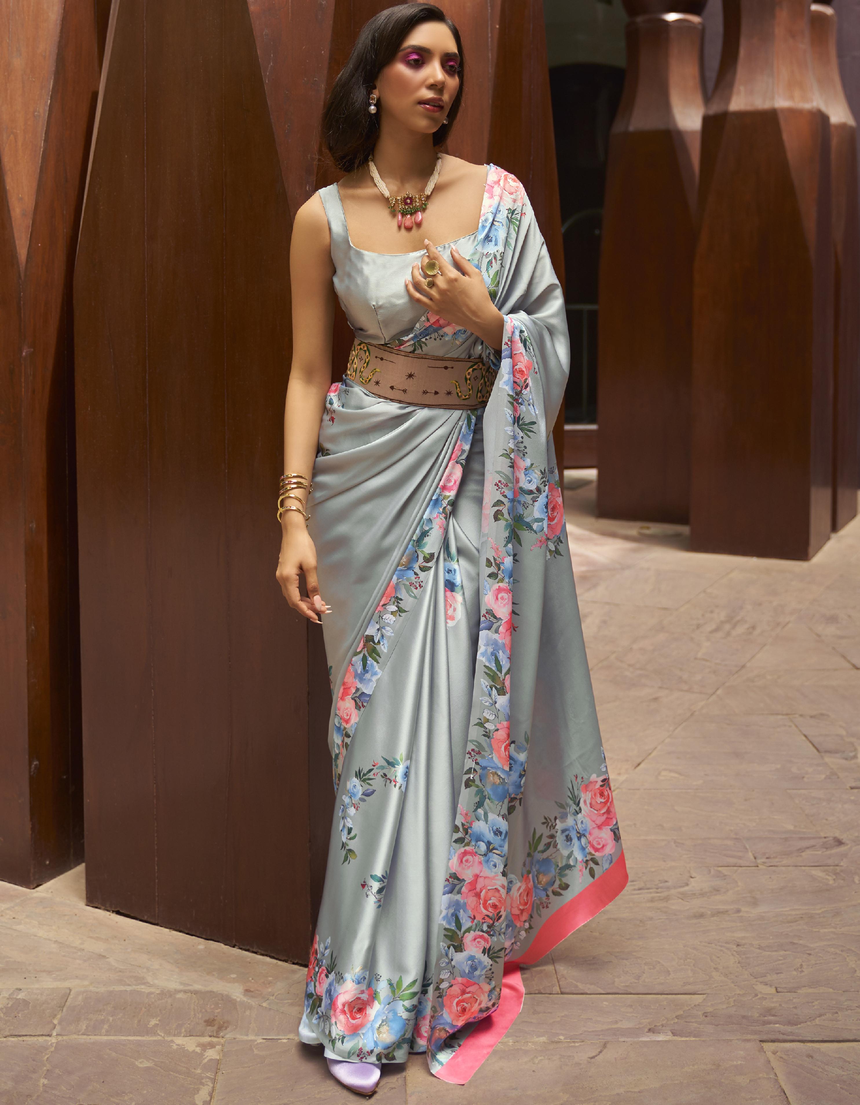 Light Grey Satin Crepe Saree for Women With Blouse SD27112