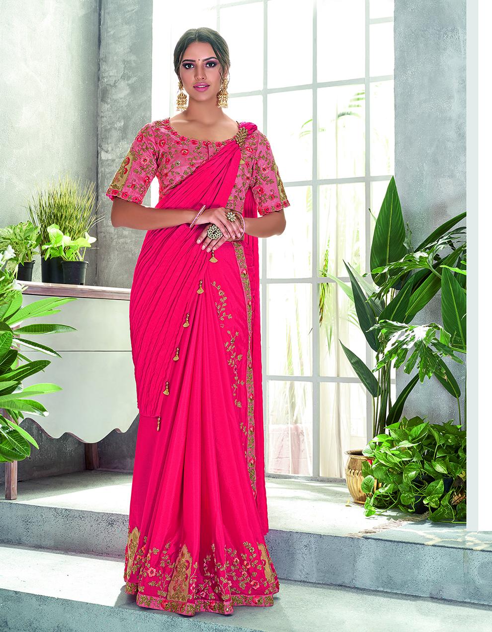 Pink Silk And Georgette Pre-Plated Saree With Stitched Blouse MH20904