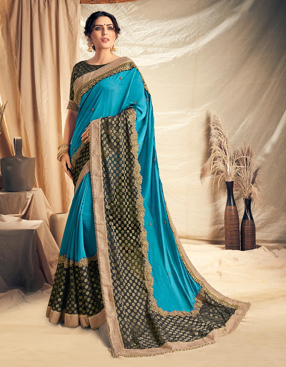 Blue Two Tone Satin Silk Saree With Blouse MH21207