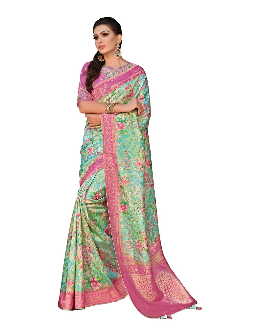 Green Jacquard Silk Saree with Jacket And Blouse MH23180