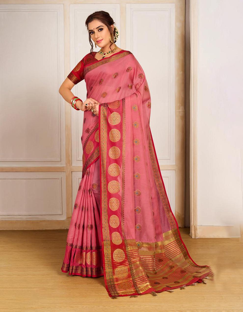 Pink Chanderi Cotton Saree With Blouse MK25917