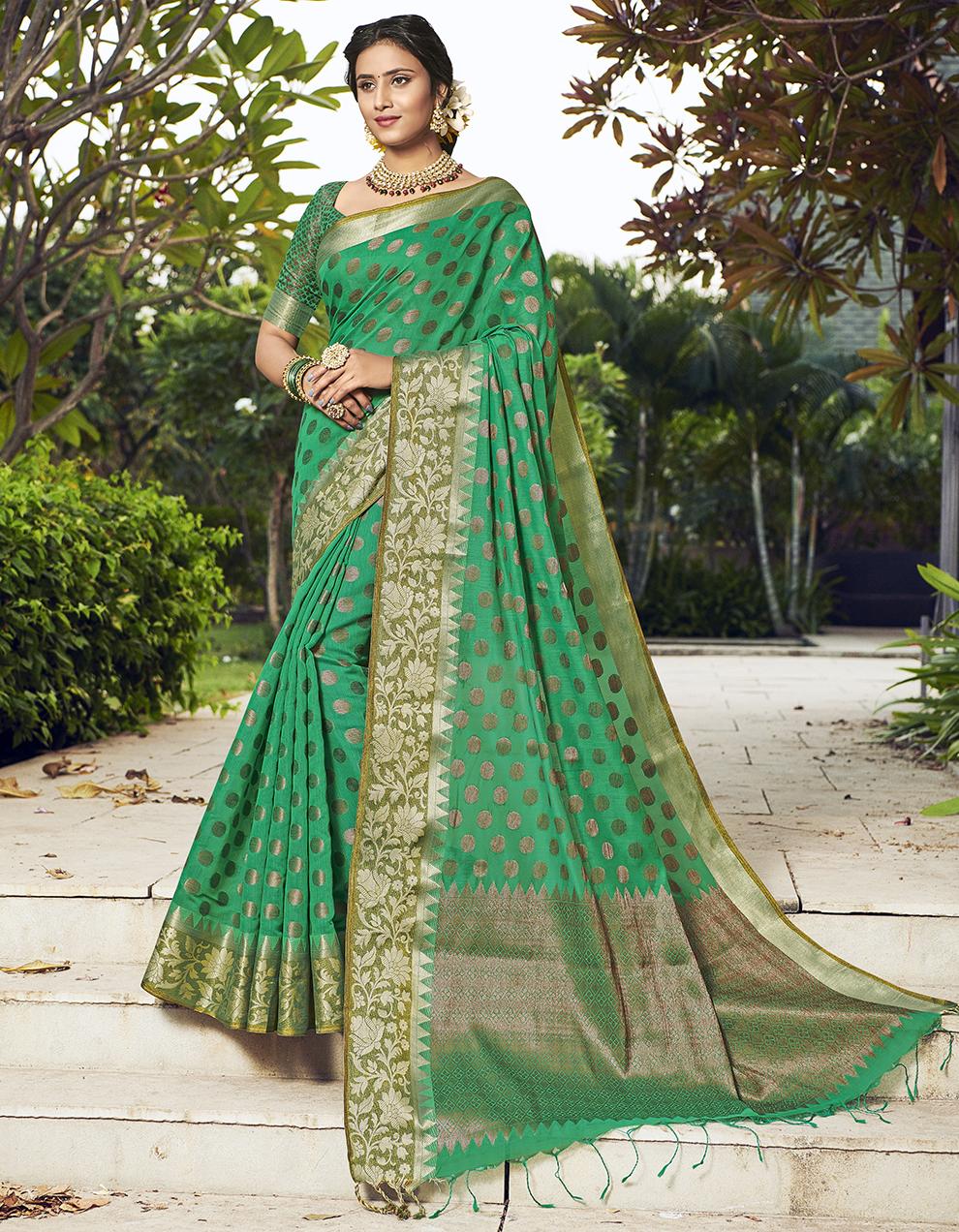 Green Chanderi Cotton Silk Saree With Blouse MK25650