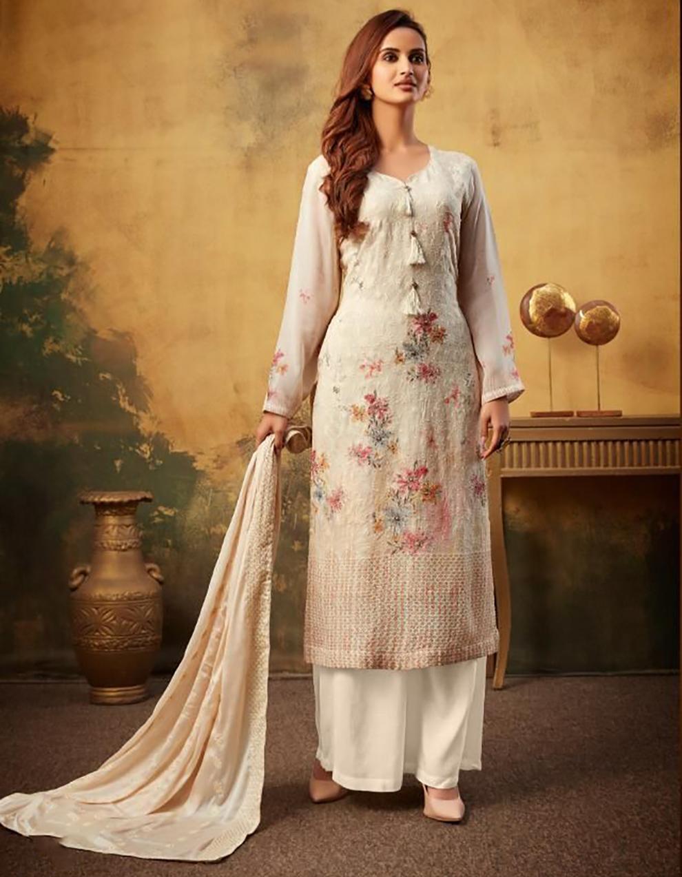 Off White Pure Viscose Bemberg Georgette Palazzo Suit with Dupatta SHL8741