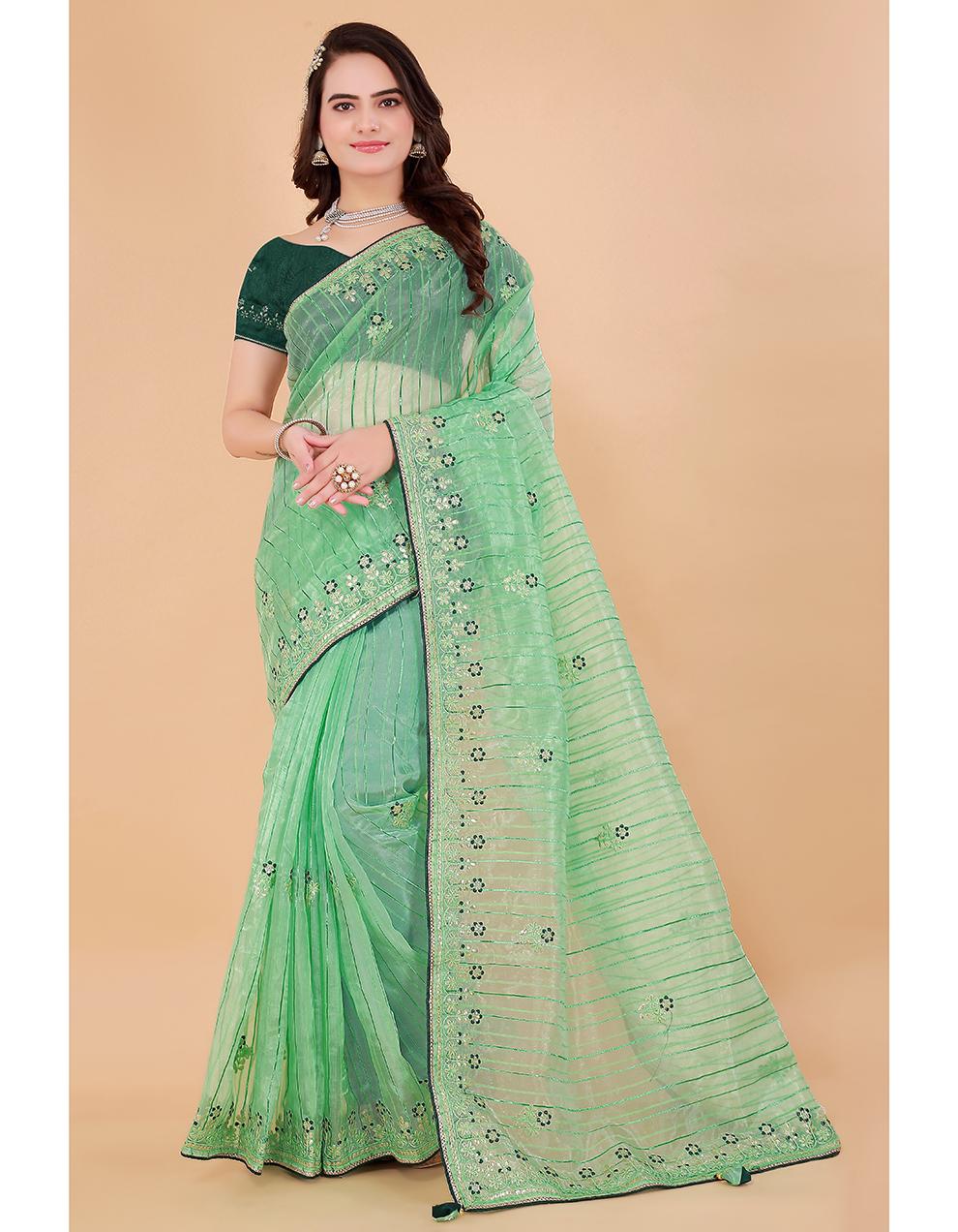 green Organza Saree for Women With Blouse SD29135