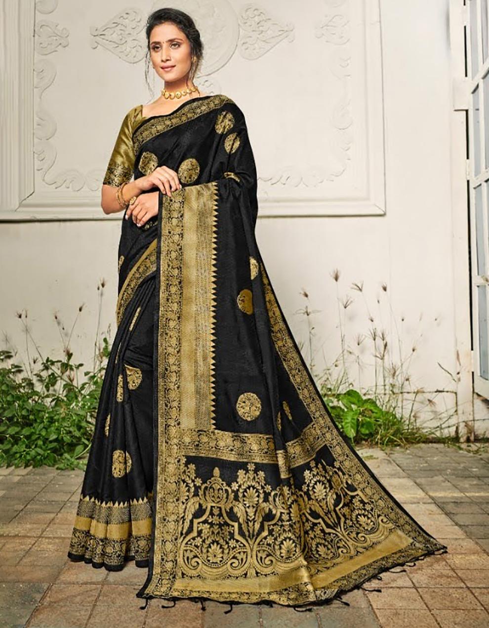 Black Banarasi Cotton Saree With Blouse MK25898