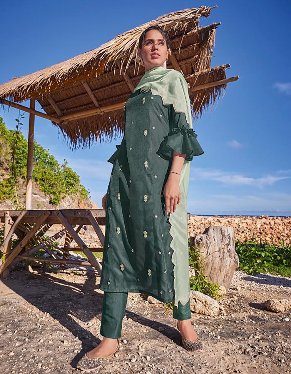 Green Pure Tusser Silk Straight Suit SMF8556