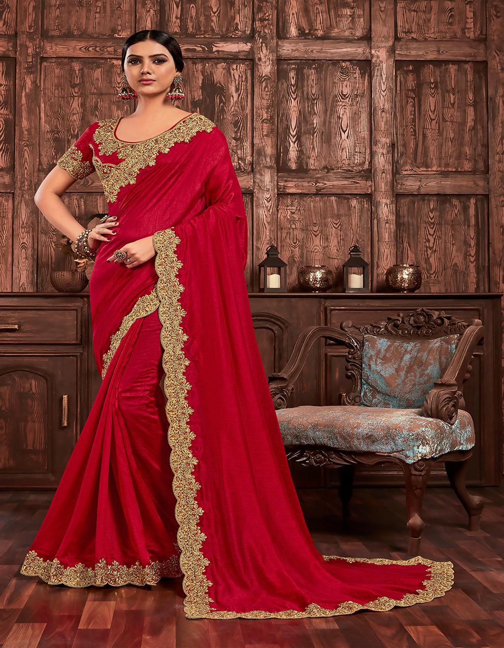 Red Poly Silk Saree With Blouse IW23713