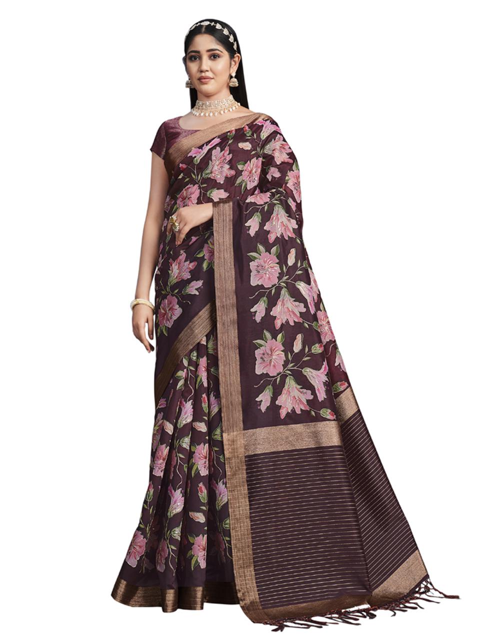 Brown TUSSER SILK Saree for Women With Blouse SD28527
