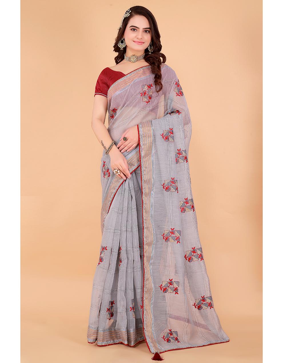 grey Cotton Saree for Women With Blouse SD29111