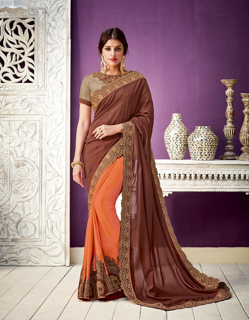 Brown And Orange Georgette Saree With Blouse MH18194