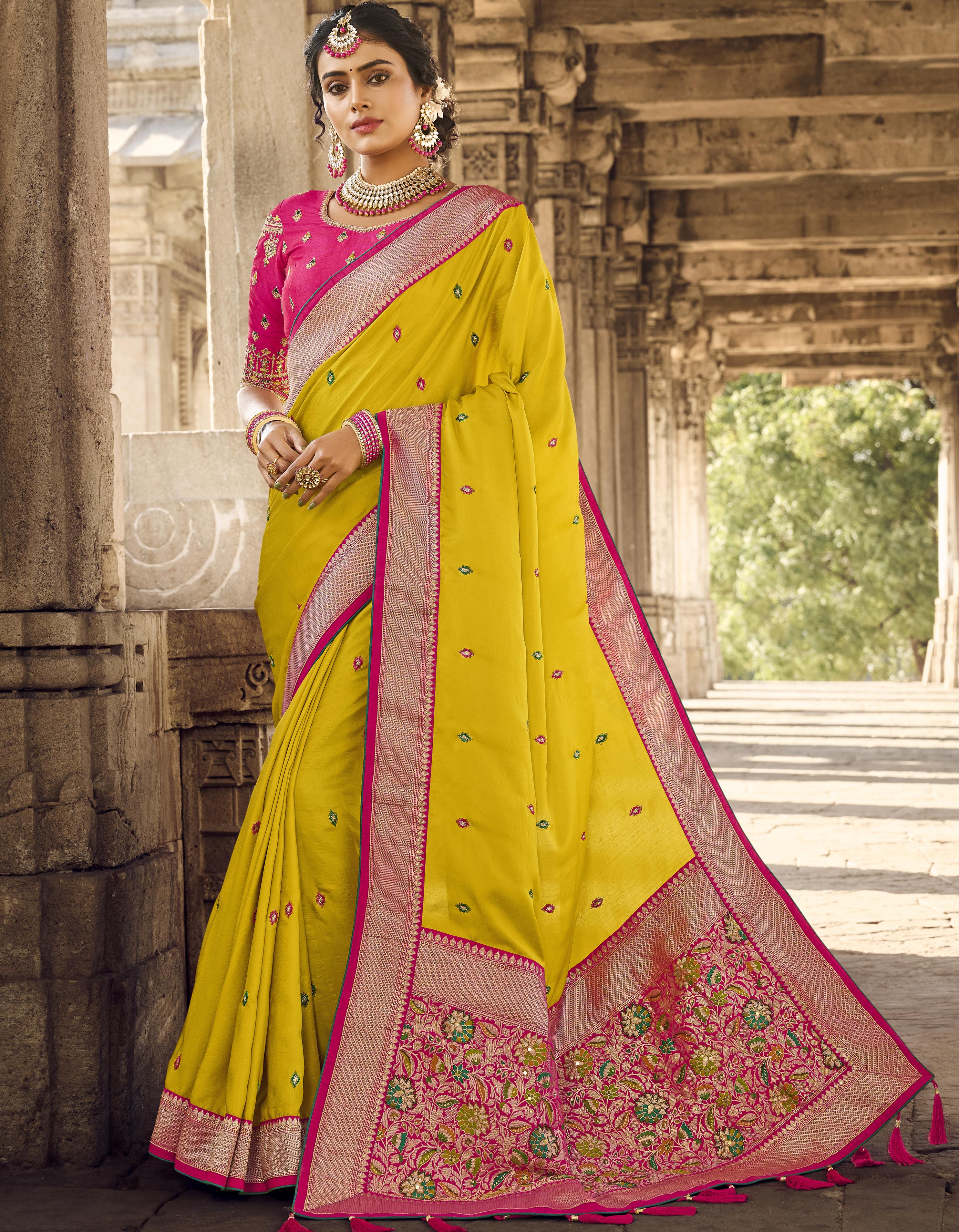Yellow Banarasi Silk Party Wear Saree for Women With Blouse SD27258