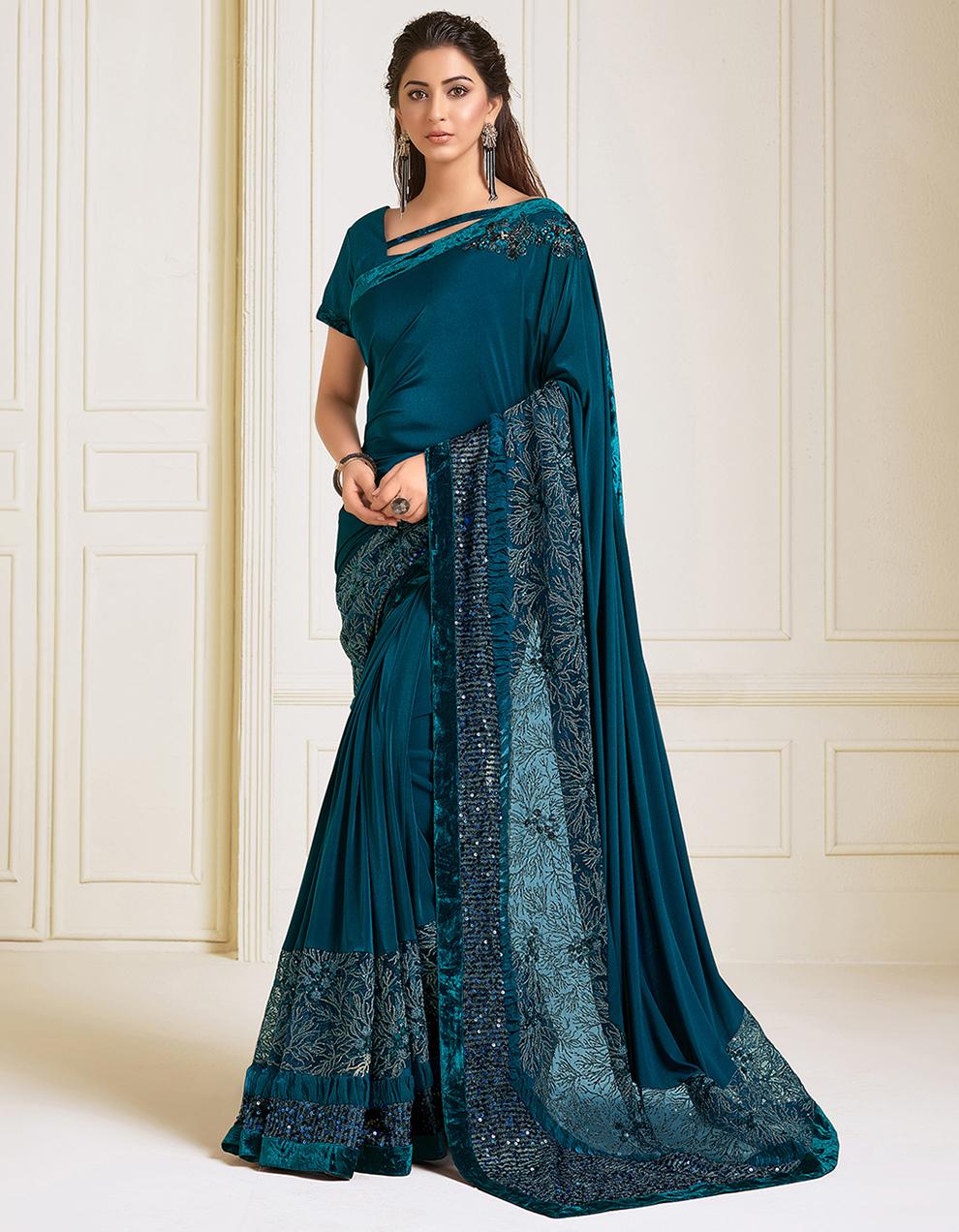 Teal blue Lycra Saree With Blouse MH23998