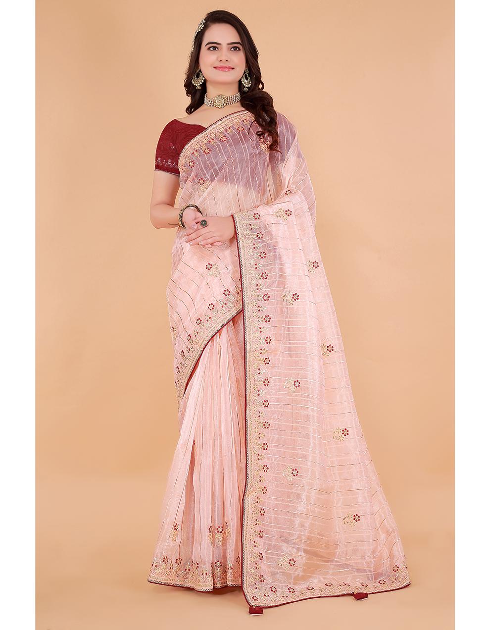 PEACH Organza Saree for Women With Blouse SD29134