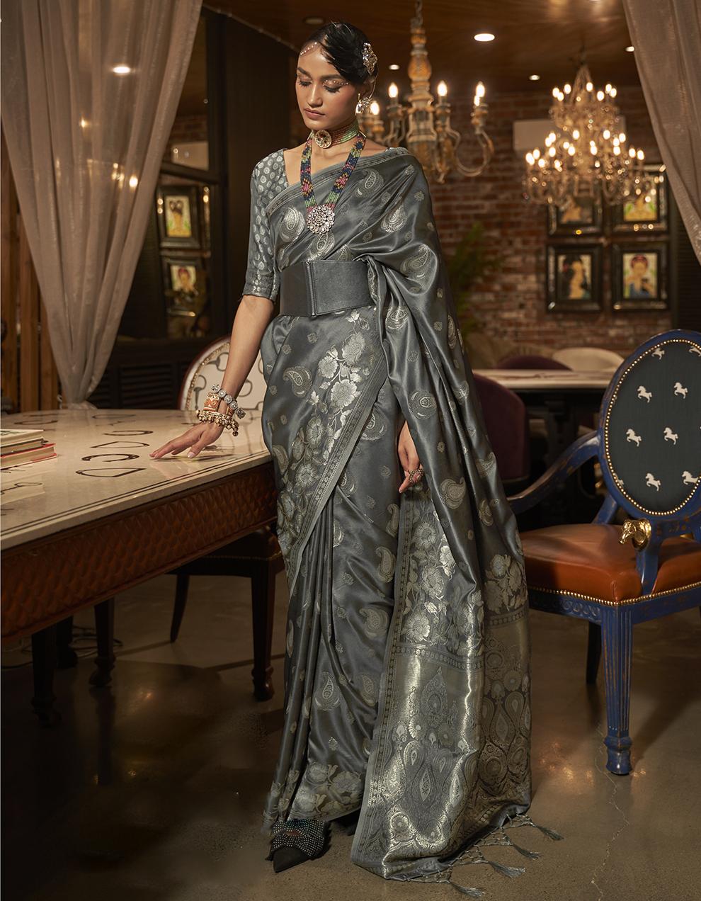 Grey Satin Handloom Saree for Women With Blouse SD27912