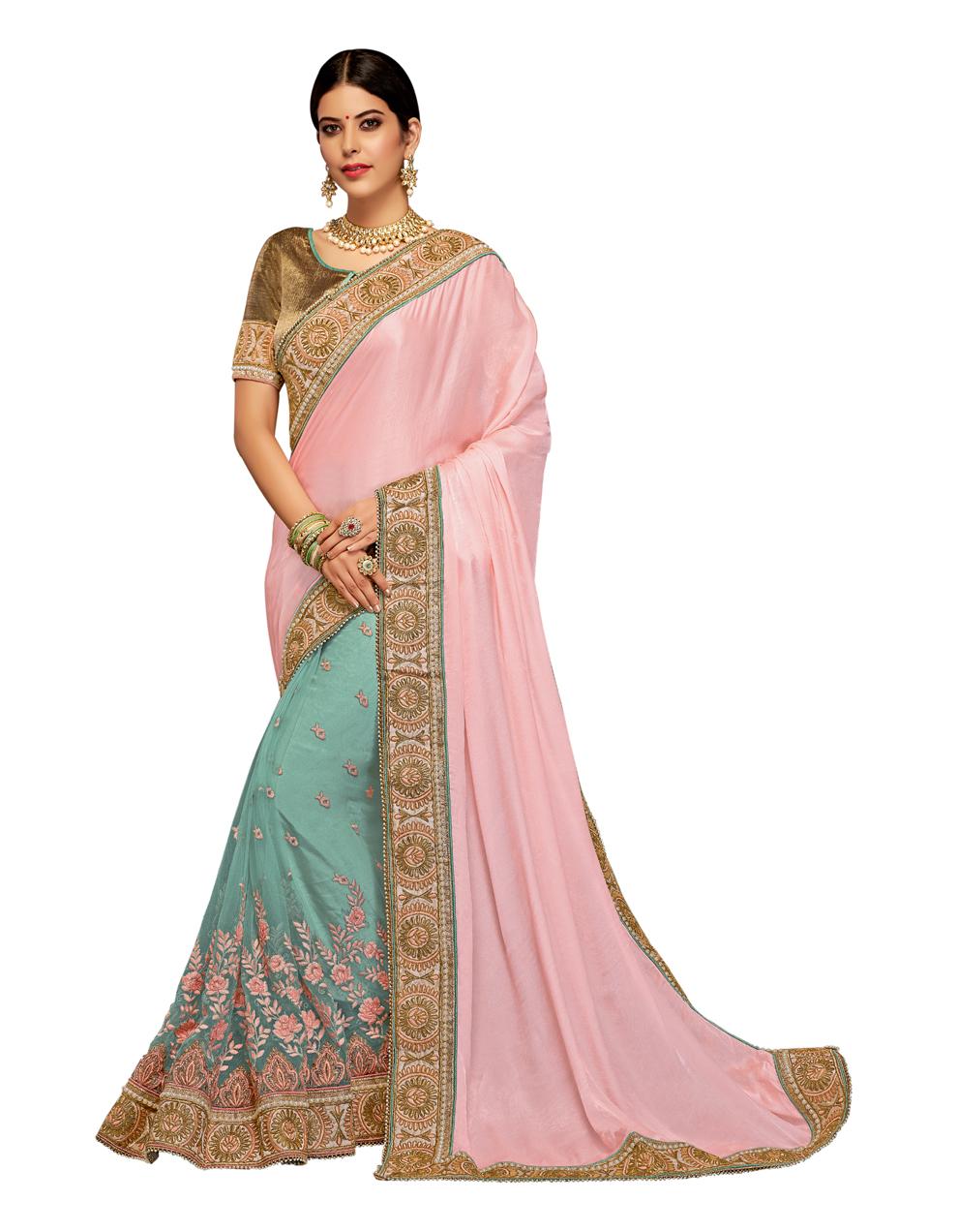 Peach And green Satin georgette And net Saree With Blouse MH23169