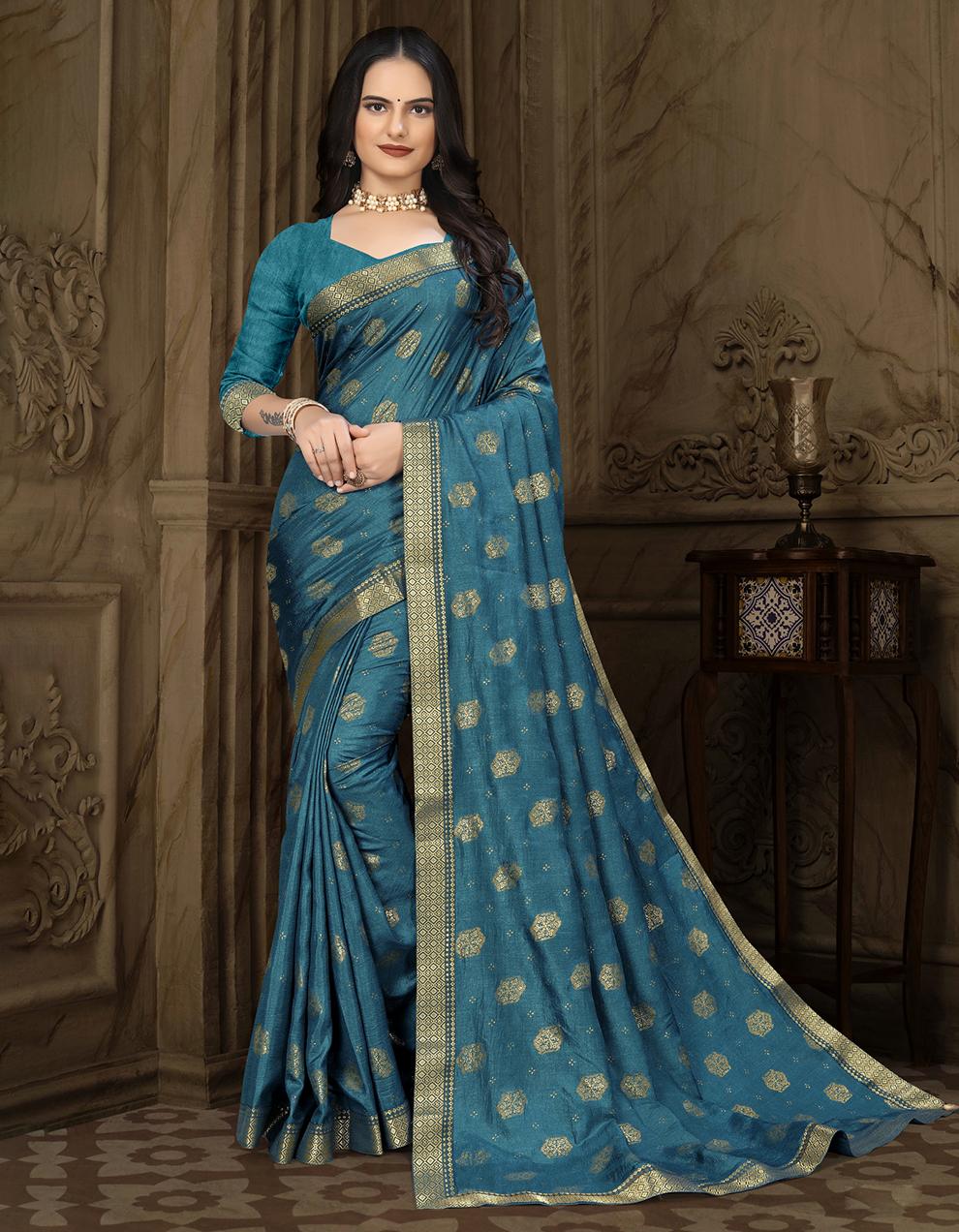 Teal Blue Vichitra Silk Saree With Blouse IW27027