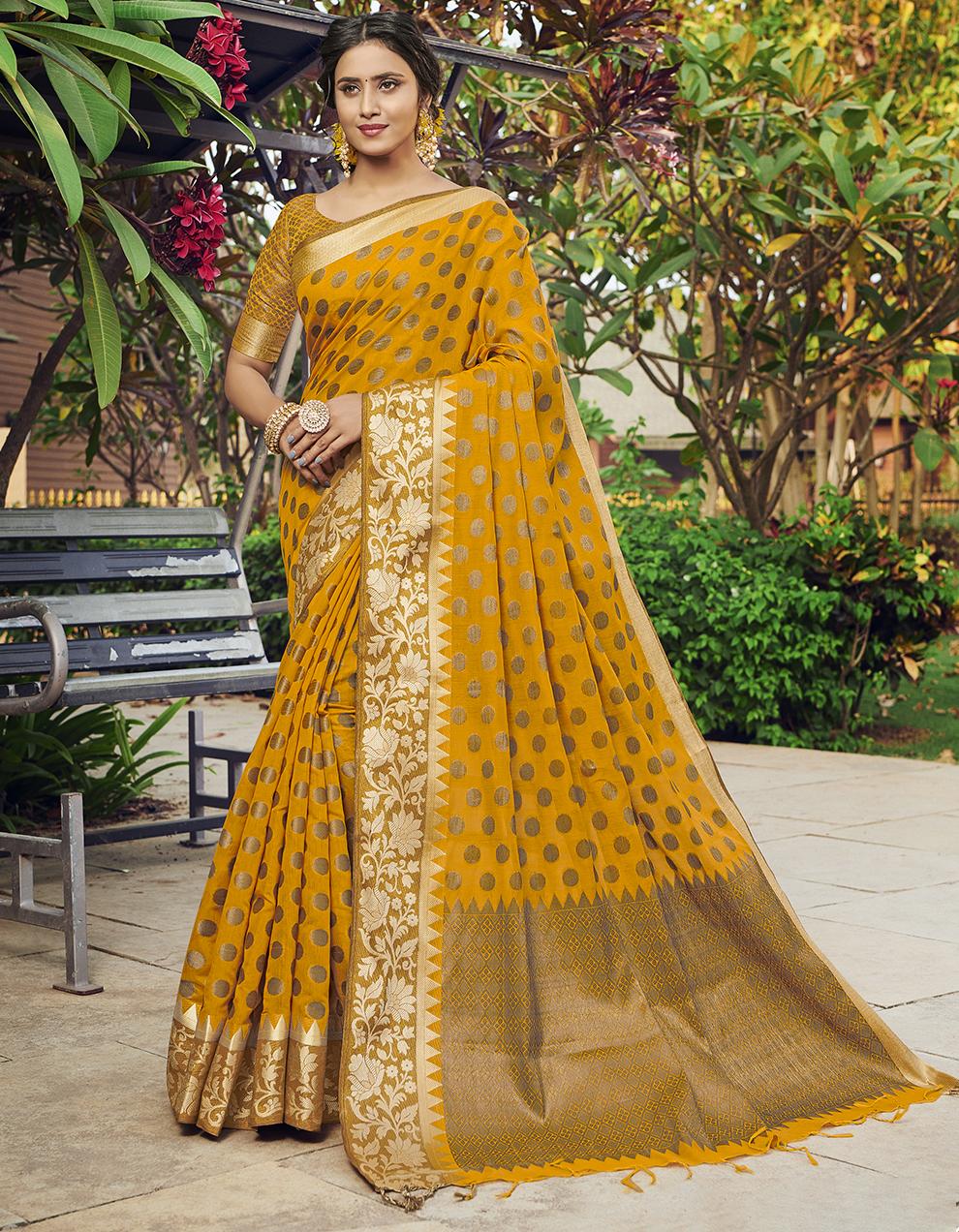 Yellow Chanderi Cotton Silk Saree With Blouse MK25644