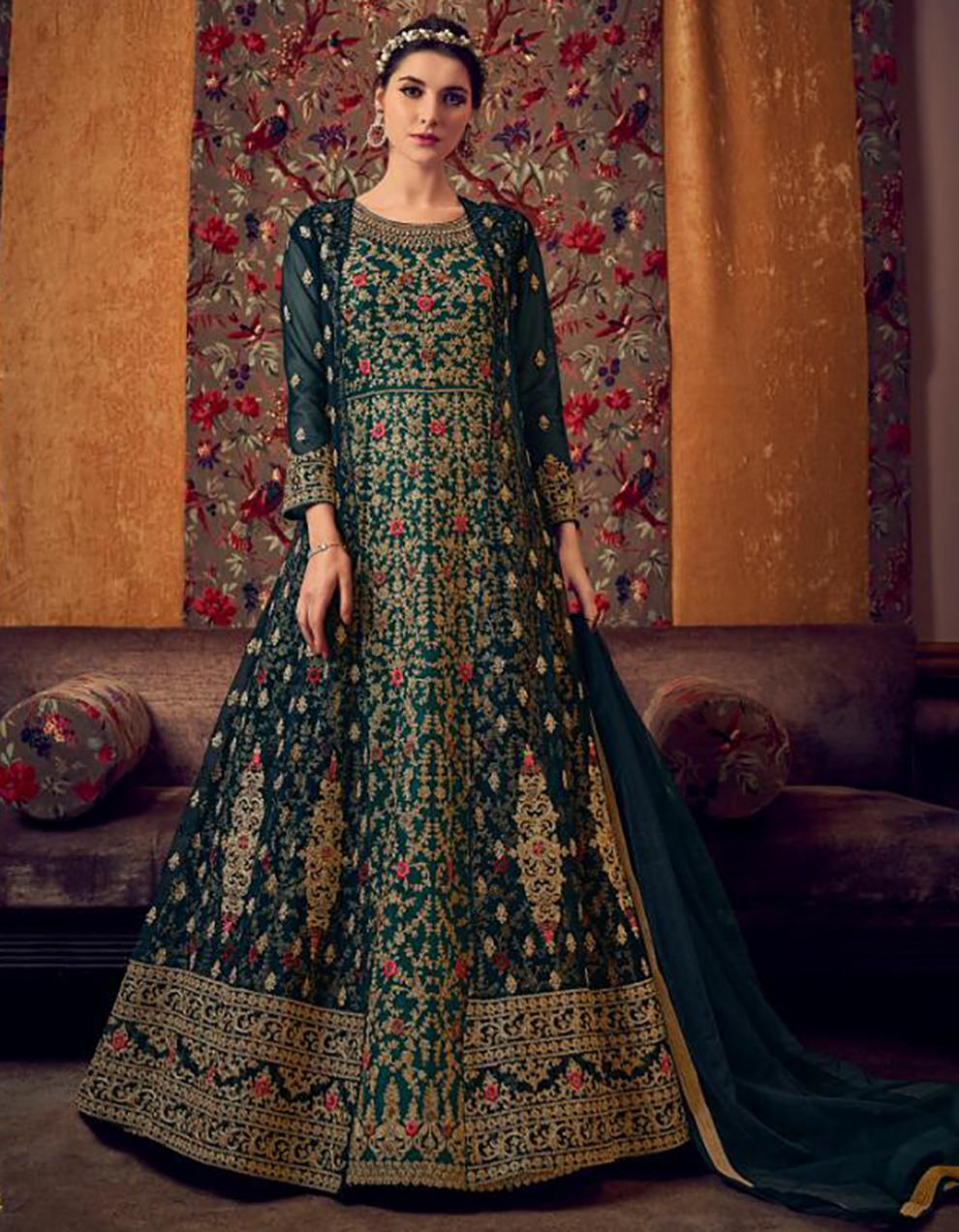 Green Net Anarkali Suit with Heavy Embroidery Work SAF8690