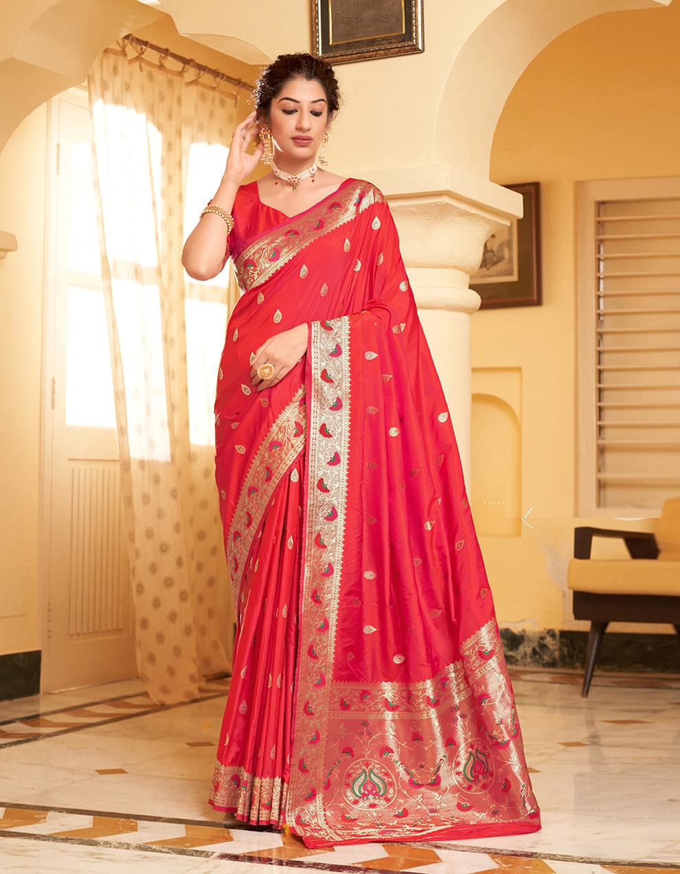Red Banarasi Silk Saree With Blouse SD25877