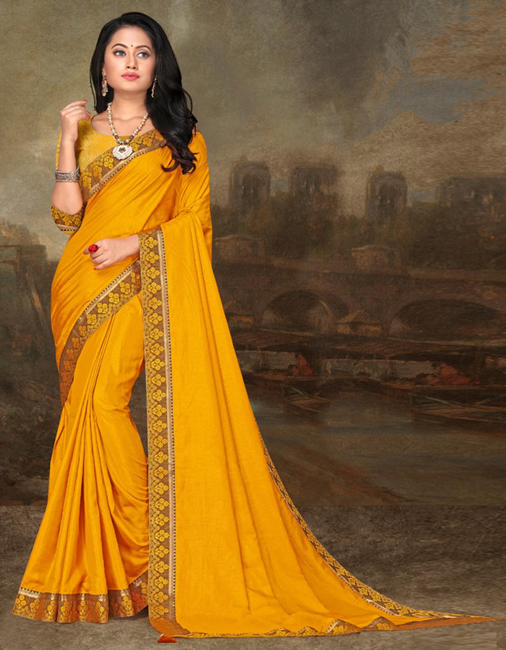 Yellow Vichitra silk Saree With Blouse IW23622