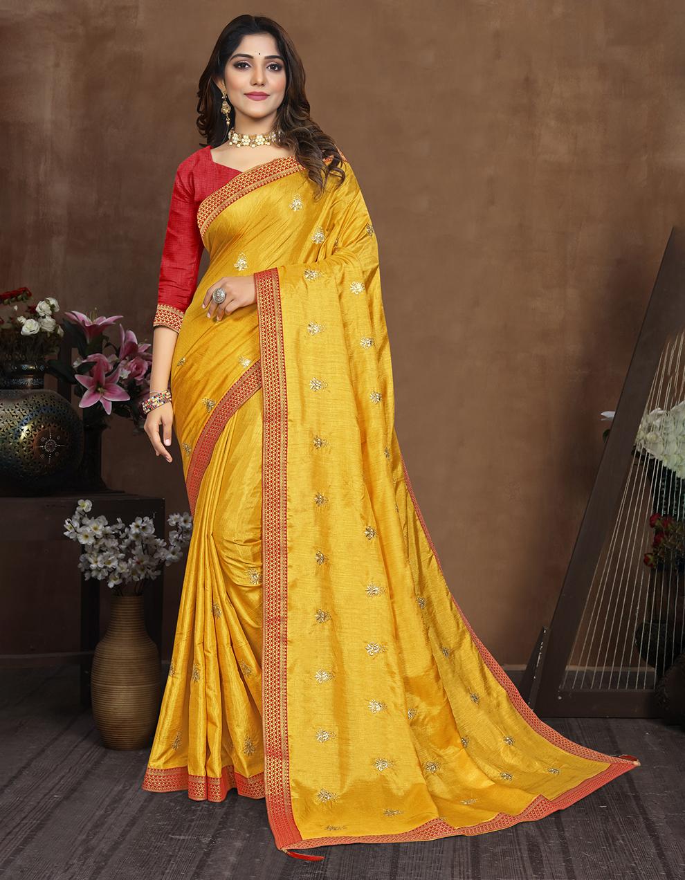 Yellow Vichitra Silk Saree With Blouse IW27040